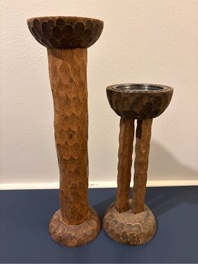 Global Views Lemieux Wooden Set  of 2 Hand-Carved Brown Wooden Candel Holders